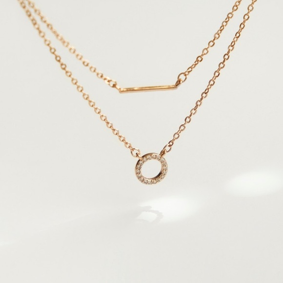 Zirconia Round Bar Dainty Layered Necklace | Rose Gold Plated Sterling Silver - Picture 2 of 4